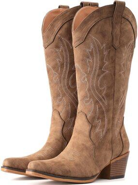 Women's Brown Mid Calf Snip Toe Western Cowgirl Faux Leather Heeled Boots